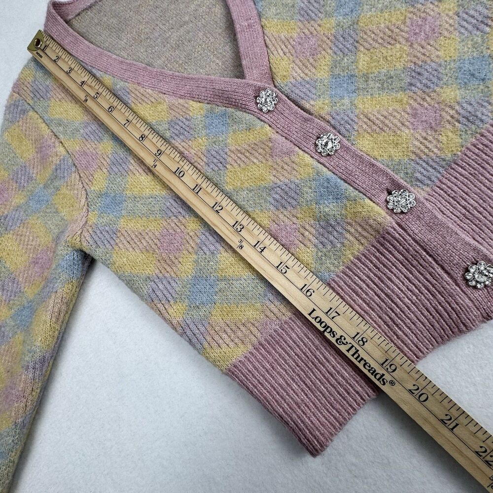 Zara Pastel Argyle Cardigan Womens S Rhinestone Button Preppy Soft Girl Academia - Picture 12 of 13